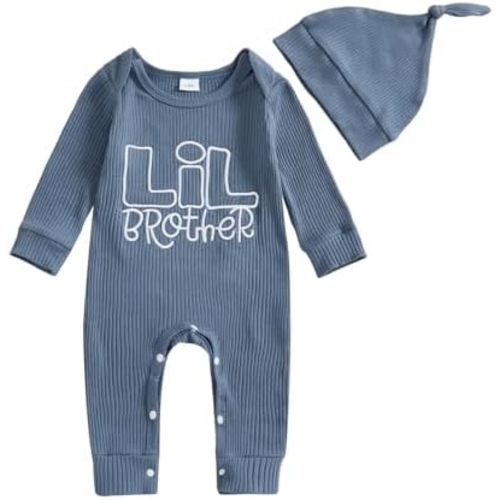 Newborn Baby Boys Romper Long Sleeve Little Brother Letter Print Ribbed Bodysuit Jumpsuit Infant Coming Home Outfit