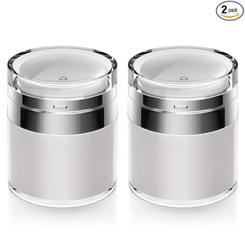 Airless Pump Jar, 1.7 oz Airless Pump Bottles, Travel Lotion Container – Vacuum Dispenser for Cream – Leak-Proof TSA-Friendly Design Keeps Cream Fresh – Multi-Purpose for Lotion, Sunscreen (2 Pack)