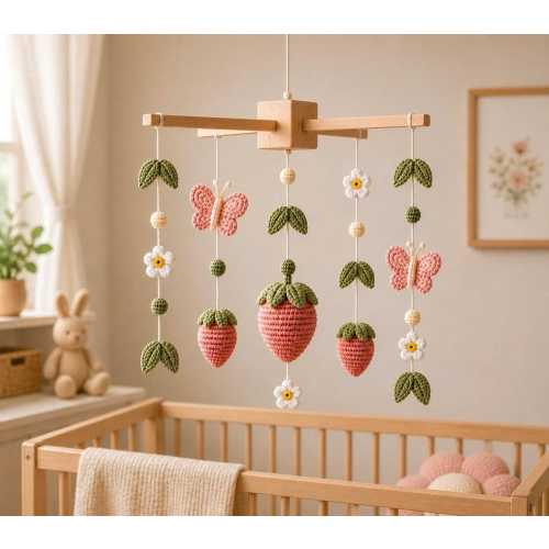 Handmade Strawberry Baby Mobile | Crochet Baby Mobile | Fruit Nursery Decor | Crib Mobile Handmade | Neutral Baby Mobile | Baby Shower Gift