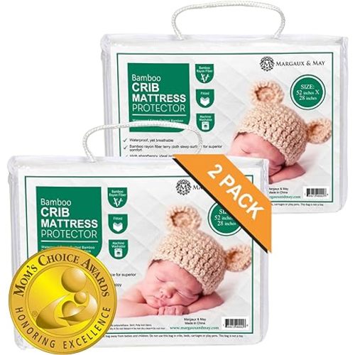 Margaux & May Crib Mattress Protector, 2-Pack, Oeko-TEX® Certified | 100% Waterproof, Fitted, 28" x 52", Standard Crib Size, Mattress Protector Pad, Highly Absorbent Quilted Cover, Noiseless