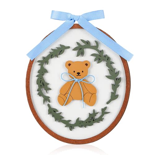 Weysat Wooden Nursery Bear Wall Decor with Blue Bow Three-dimensional Carvings of Leaves, Funny Cute Little Bear Wall Art for Nursery Bedrooms Living Rooms Gift