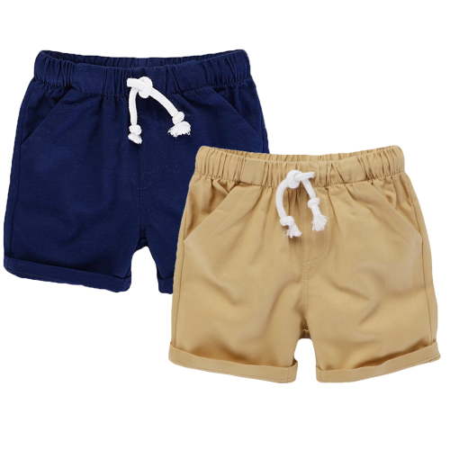 HILEELANG Baby Boys' Cotton Shorts, 2-Pack, Elastic Waist, Adjustable, Khaki Navy, 2T