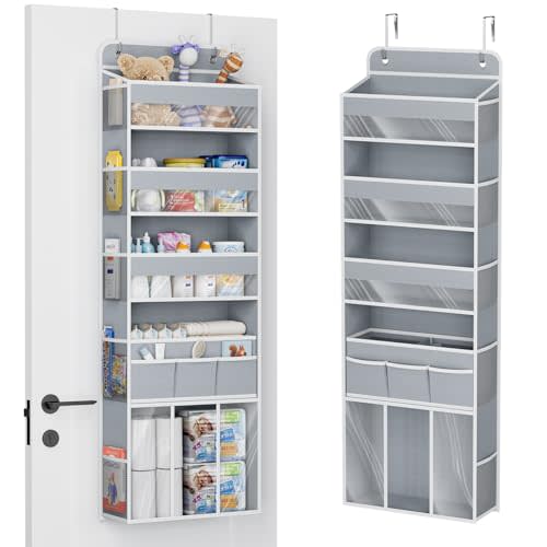 COOLBEBE Over the Door Organizer, 5-Shelf Hanging Storage, Grey | 2 Metal Hooks, Heavy Duty Door Organizer with Clear Windows & Movable Caddy for Nursery Bathroom Bedroom Closet