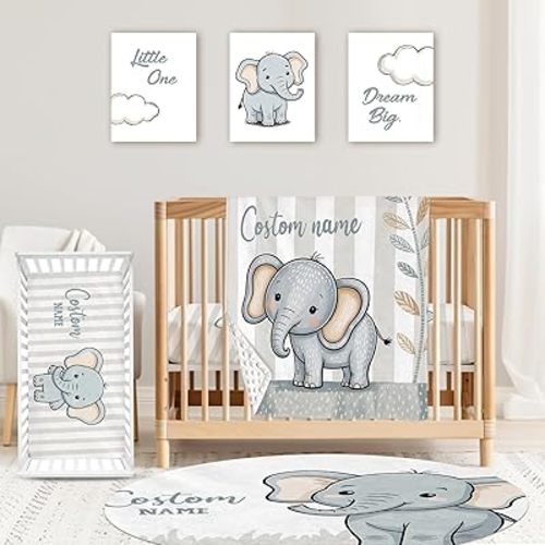Personalized Baby Crib Bedding Set for Boys Girls, Custom Name Crib Set 4 Pcs - Minky Blanket, Fitted Crib Sheet, Nursery Rug & Wall Art, Cute Elephant Theme for Modern Baby Nursery Décor