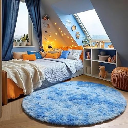 ONASAR Tie-Dye Blue Round Area Rug 4ft, Soft Bedroom Circle Rugs Floor Mats for Kids Girls Teen Room, Kawaii Fluffy Plush Shaggy Carpet for Baby Nursery Living Room Playroom Home Decor