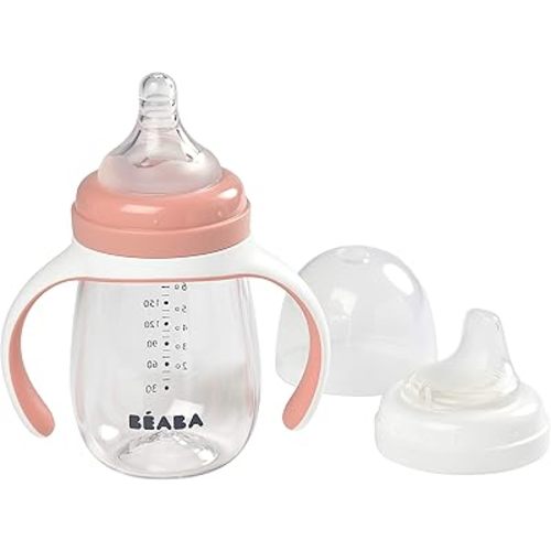 BEABA 2-in-1 Baby Bottle to Transition Sippy Cup, No Spill Sippy Cup, Includes Removable Handles, Silicone Baby Bottle Nipple and Soft Spout, 7 oz (Rose)