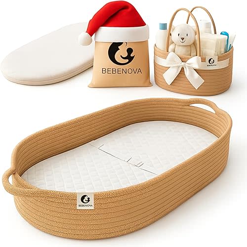 BEBENOVA Baby Changing Basket with Waterproof Pad, Baby Diaper Caddy Organizer, Blanket & Cotton Bag, Portable Changing Table Topper, Baby Changing Mat, Moses Baskets for Newborn