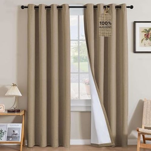 H.VERSAILTEX Linen Curtains 100% Blackout Curtains for Bedroom 96 inch Long Full Light Blocking Nature Linen Blended Window Curtains for Living Room Nickel Grommet (2 Panels, Heathered Macchiato)