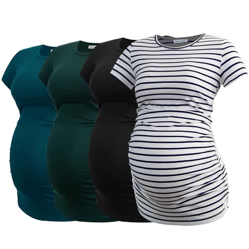 Smallshow Women's 4 Pack Maternity Shirts Short Sleeve Pregnancy Tops Clothes