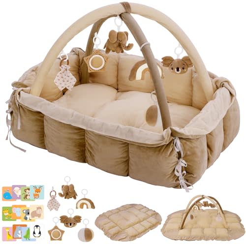 5-in-1 Baby Play Gym and Tummy Time Mat, 12 Learning Cards, Plush Activity Mat with 6 Toys, Baby Gym, Convertible to Ball Pit, Baby Gift, Brown
