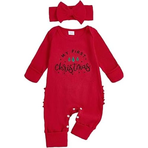 Adobabirl My First Christmas Baby Girl Outfit Newborn Onesie Embroidery Long Sleeve Romper Headband Fall Winter Clothes