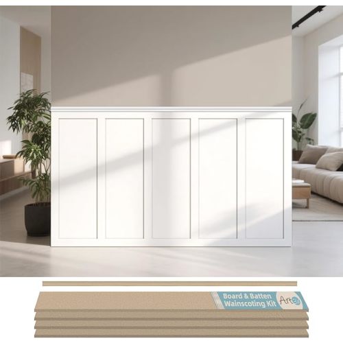 Art3d Premade Board and Batten Paintable Wainscoting Kit, MDF Accent Wall Panel for Kitchen Bedroom Living Room Home Decor Covers 94.5 x 54 in. Molding Trim Slat with Edge Strip