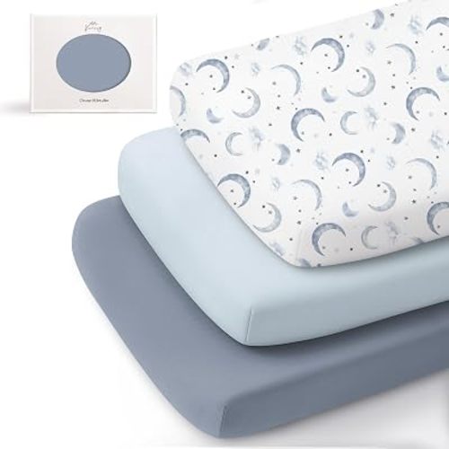 Konssy 3 Pack Stretchy Bassinet Sheets for Baby Girl Boy, Soft Breathable Baby Bassinet Mattress Sheets Fit for Hourglass Oval Cradle, Moses Basket Rectangle Mattress (Blue Moon)