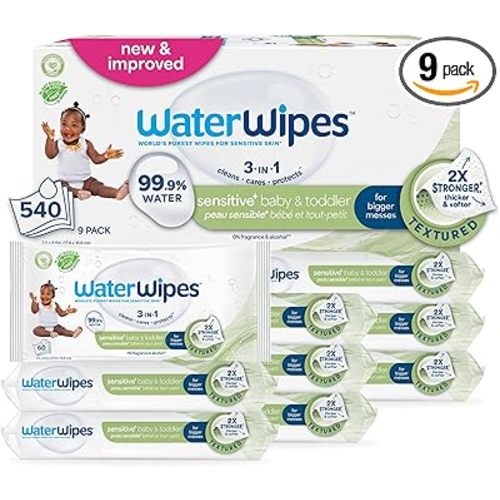 WaterWipes Sensitive+ Baby & Toddler Wipes, 3-In-1 Cleans, Cares, Protects, 99.9% Water, Textured Clean, Unscented & Hypoallergenic, 540 Count (Pack of 9)