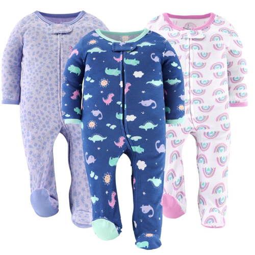 The Peanutshell Sleep n Play Dino Girl Footed Pajamas for Baby Girls Set, 0-3 Months, 3-Pack
