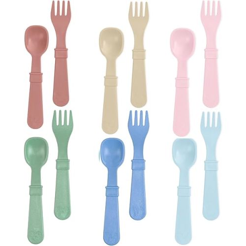 Re-Play Toddler Forks and Spoons Set - 6x6 Utensils Set for Kids - Dishwasher and Microwave Safe - Made in USA - Set of 12-5.8" x 1.2" x 0.2" - Meadow