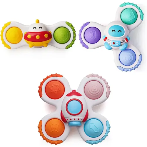 LiKee Strong Suction Cup Fidget Rotating Sensory Bath Toys for Baby 12 18 Months Airplane Car Travel Table & Window Toys for 1 2 Years Old Toddler Boys and Girls (Space-1)