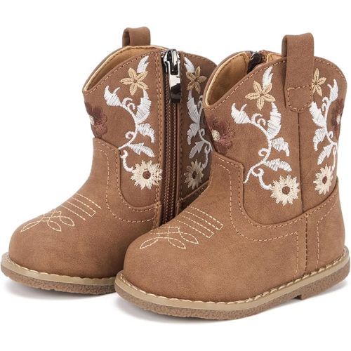 Newsonet Baby Cowboy Cowgirl Boots Infant Western Boots Toddler Boys Girls Round Toe Riding Mid Calf Boots All Seasons for 6 9 12 18 24 Months