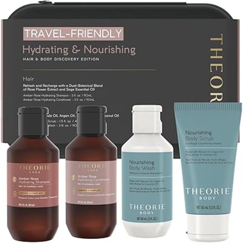 THEORIE Hydrating & Nourishing Travel Kit – Amber Rose & Nourishing Collection | Shampoo, Conditioner, Body Wash & Exfoliating Scrub | Clean Beauty for Hair & Skin