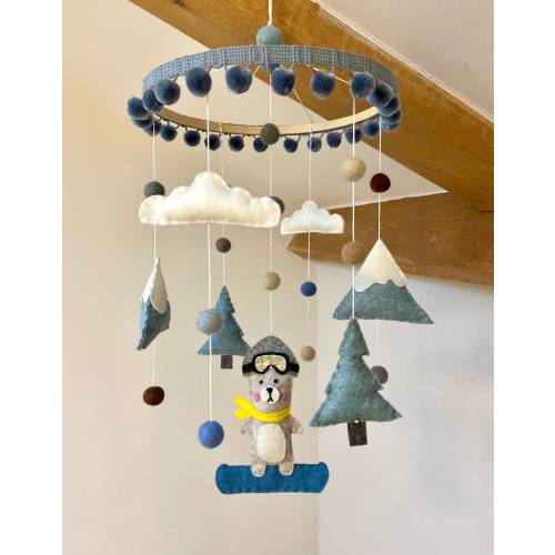 Teddy Bear, Mountain, Scandi, Snowboarding Skiing Baby Cot Mobile, Nursery Hanging, Made to Order