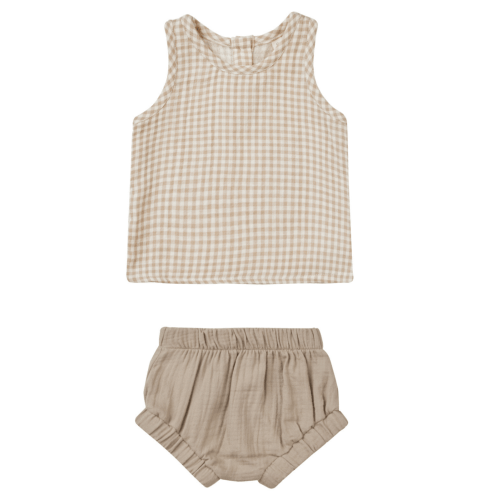 Woven Tank & Short Set, Oat Gingham