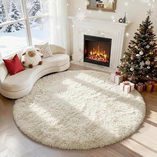 PAGISOFE Cream White Round Rugs 5Ft, Fluffy Shaggy Ivory Carpets, Rugs for Girls Boys Baby Kids Bedroom, Indoor Furry Comfy Teepee Mats, Circular Rug for Reading Area Nursery Room Decor Aesthetic
