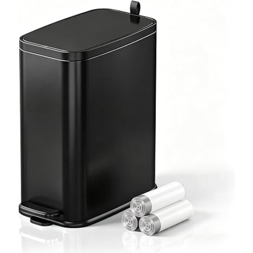 1.6 Gal Small Bathroom Trash Can with Lid, Step Pedal, Slim Black