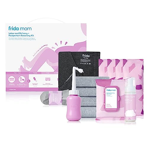 Frida Mom Hospital Packing Kit for Labor, Delivery, & Postpartum | Nursing Gown, Socks, Peri Bottle, Disposable Underwear, Ice Maxi Pads, Pad Liners, Perineal Foam, Toiletry Bag, 15 Piece Set
