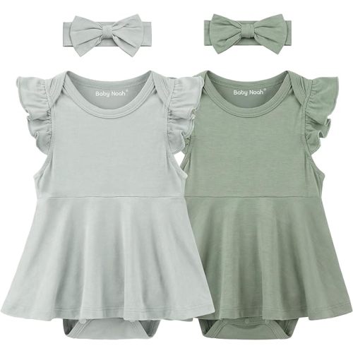 2 Pack Baby Girl Bodysuit Flutter Sleeves Dress, Cute Ruffle Romper Outfit with Headband, Newborn Infant Pajamas 0-12 Months