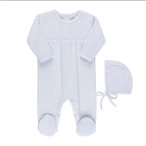 Velour Hand Smocked Romper With Bonnet