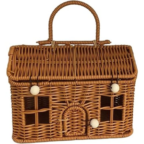 Garden Harvest Basket, 9x6x5.5 Inch House Shaped PP Rattan Picnic Basket with Lid & Handle, Button Closure Wicker Suitcase for Organizing, Storage