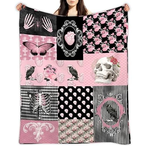 Gothic Collage Rose Skull Butterfly Skeleton RetroBlanket Gift for Girl Boy, Gothic Throw 40 x 50 Inch Lightweight Soft Cozy Blankets for Couch Bed Sofa Chair