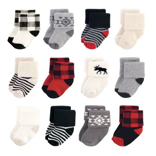 Hudson Baby Basics Infant Baby Cozy Terry Baby Sock 12-Pack, Lumberjack Moose, 0-6 Months