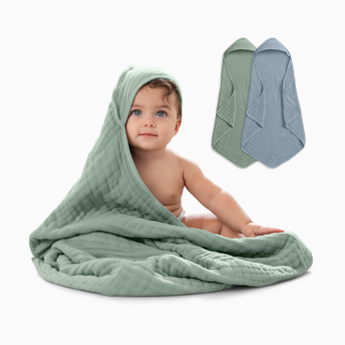 Comfy Cubs Cotton Muslin Hooded Baby Towel (2 Pack) - Pacific Blue And Fern