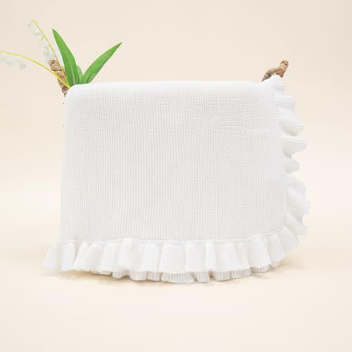 Ruffle Knit Blanket for Baby - 100% Luxury Soft Cotton Knit Warm Cozy Cuddle Stroller Crib Blanket for Newborns, Infants, & Toddlers (White)