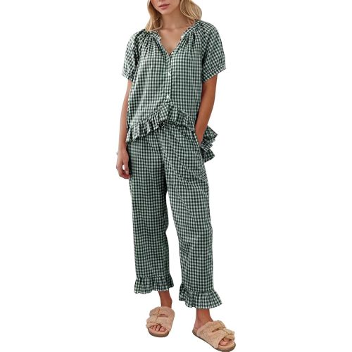 COZYPOIN 100% Cotton Pajamas for Women Set Cute Gingham Lounge Set