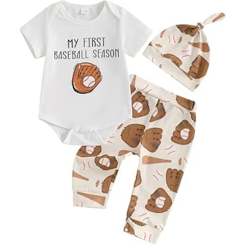 My First Baseball Season Baby Boy Outfit Newborn Letter Print Short Sleeve Romper Baseball Pants Hat 3Pcs Outfits Set