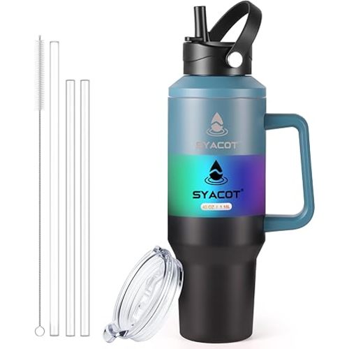 40 oz Tumbler with Handle and Straw or Convert to 40 oz Insulated Water Bottle Fits in Cup Holder. Stainless Steel Metal Water Flask with 2 Lids for Travel,Camping,Gym Sports Coffee Mug Thermal Cup
