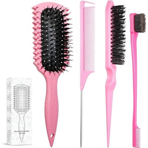 Curl Defining Brush, Curly Hair Brush Products With 3 Pcs Slick Back Hair Brush Set Bristle Brush Edge Control Teasing Comb for women (Pink)