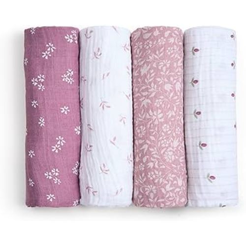 aden + anais Boutique 100% Organic Cotton Muslin Swaddle, Breathable Baby Blanket, Ideal for Boys, Girls, Newborns, Babies & Infants, Receiving Blanket, Lightweight Wrap, 4 Pack, Heritage Floral