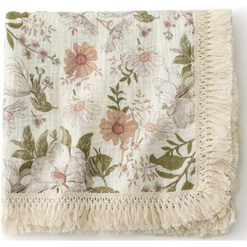 Little Jump Cotton Muslin Swaddle Blankets with Tassel, Boho Bohimia Muslin Baby Blanket Neutral with Fringe, Vintage Teddy Bear Nursery Decor Muslin Throw Blanket 47" x40" (Vintage Blossom)