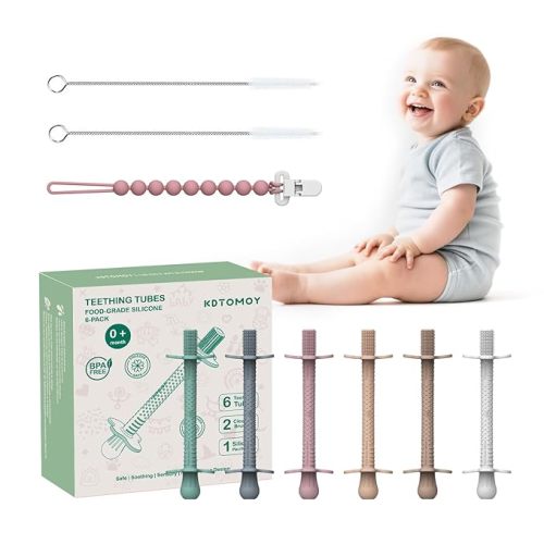 6-Pack Silicone Teething Tubes for Babies 6-12 Months, BPA-Free Non-Choking Teether Sticks Toys, Teething Relief Chew Straws for Infants & Toddlers, Baby Gifts (Sand Clay DustyRose Brown Green Blue)