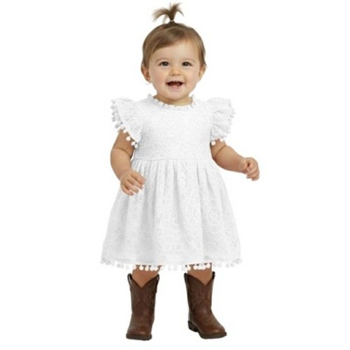 2Bunnies Baby Girls' 12M Lace Pom Pom Trim Girl Dress White 12 months