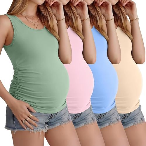 Ficerd 4 Pack Women's Maternity Tank Tops Sleeveless Side Ruched Top Crew Neck Casual Pregnancy T-Shirts Summer Basic