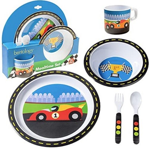 Bentology 5 Pc Mealtime Feeding Set for Kids and Toddlers - Racecar - Includes Plate, Bowl, Cup, Fork and Spoon Utensil Flatware