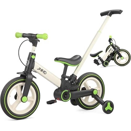 JMMD 6 in 1 Toddler Bike with Push Handle for Kids 18-60 Months, 12" Foldable Balance Bike with Training Wheels, Pedals, Brakes, Kickstand, Push Tricycle Toddler Gift & Toys for Boy & Girl