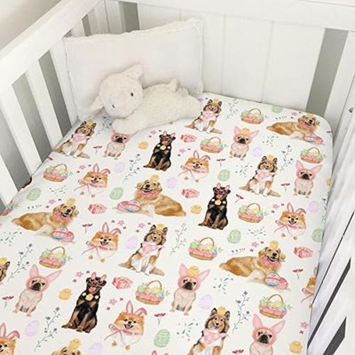 Happy Easter Dogs Baby Crib Sheet 52''x28'' Bunny Colorful Eggs Flowers Spring Stretchy Fitted Crib Mattress Cover for Girl Boy Dogs Lovers Gift Soft Bed Sheets for Standard Crib Toddler Mattress