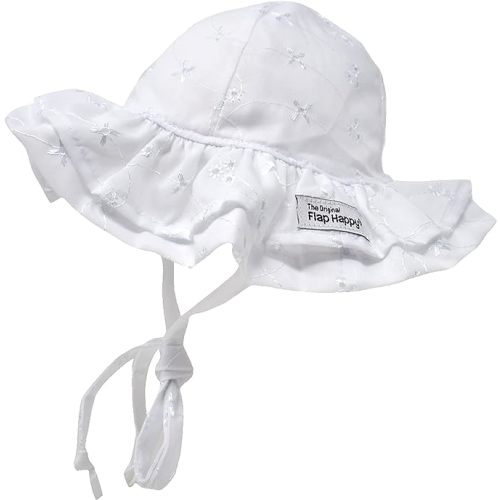 Flap Happy Baby Double Ruffle Hat | Toddler Hat with Double Ruffle to Protect Kids from Sunburn | UPF 50+ Highest Certified UV Sun Protection | White Eyelet, X-Small (0-3m)