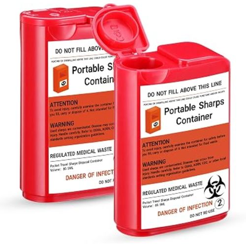Baderke 2 Pack Pocket Travel Sharps Disposal Container Small 80 Ml, Red