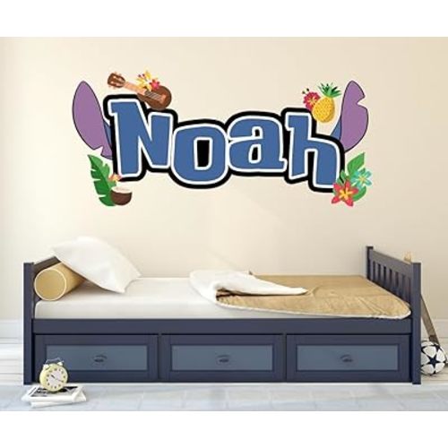 Custom Tropical Name Wall Decal - Island Theme Decor with Famous Characters - Personalized Name Sticker Vinyl for Kids Room, Playroom, Nursery, Tropical Wall Art Mural Sticker